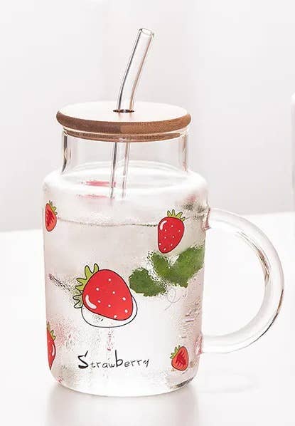 The Grateful Tea Co - Glass Mug w/ painted fruit (bamboo lid & straw) 16oz: Orange