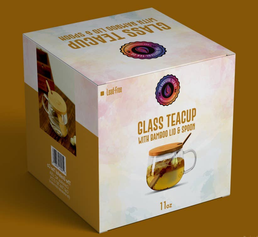 The Grateful Tea Co - Borosilicate Glass Teacup w/  bamboo lid & spoon 11oz