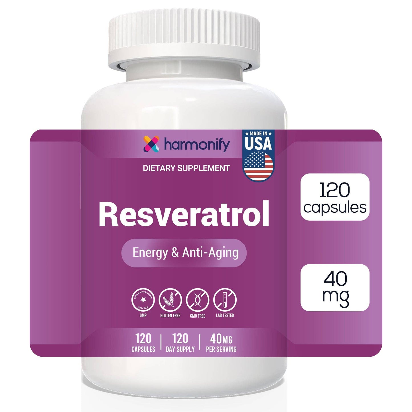 HARMONIFY - Resveratrol Supplement - Pure Trans-Resveratrol from Japanese Knotweed - Supports Energy & Anti-Aging - Potent Antioxidant - 120 Capsules for 120 Day Supply - Made in USA, Lab Tested