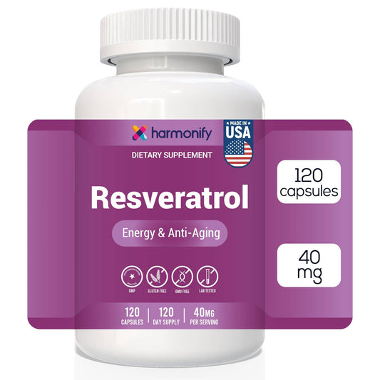 HARMONIFY - Resveratrol Supplement - Pure Trans-Resveratrol from Japanese Knotweed - Supports Energy & Anti-Aging - Potent Antioxidant - 120 Capsules for 120 Day Supply - Made in USA, Lab Tested