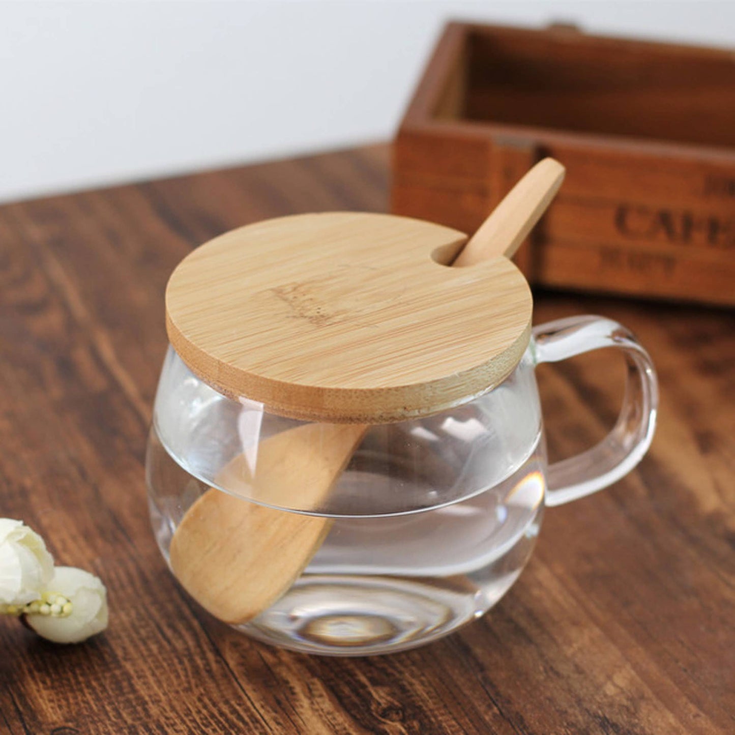 The Grateful Tea Co - Borosilicate Glass Teacup w/  bamboo lid & spoon 11oz