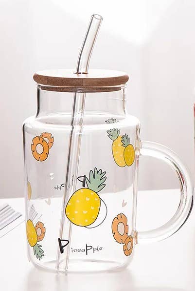 The Grateful Tea Co - Glass Mug w/ painted fruit (bamboo lid & straw) 16oz: Pineapple