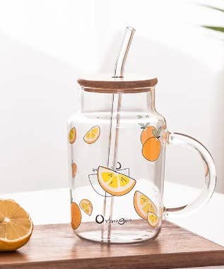 The Grateful Tea Co - Glass Mug w/ painted fruit (bamboo lid & straw) 16oz: Orange