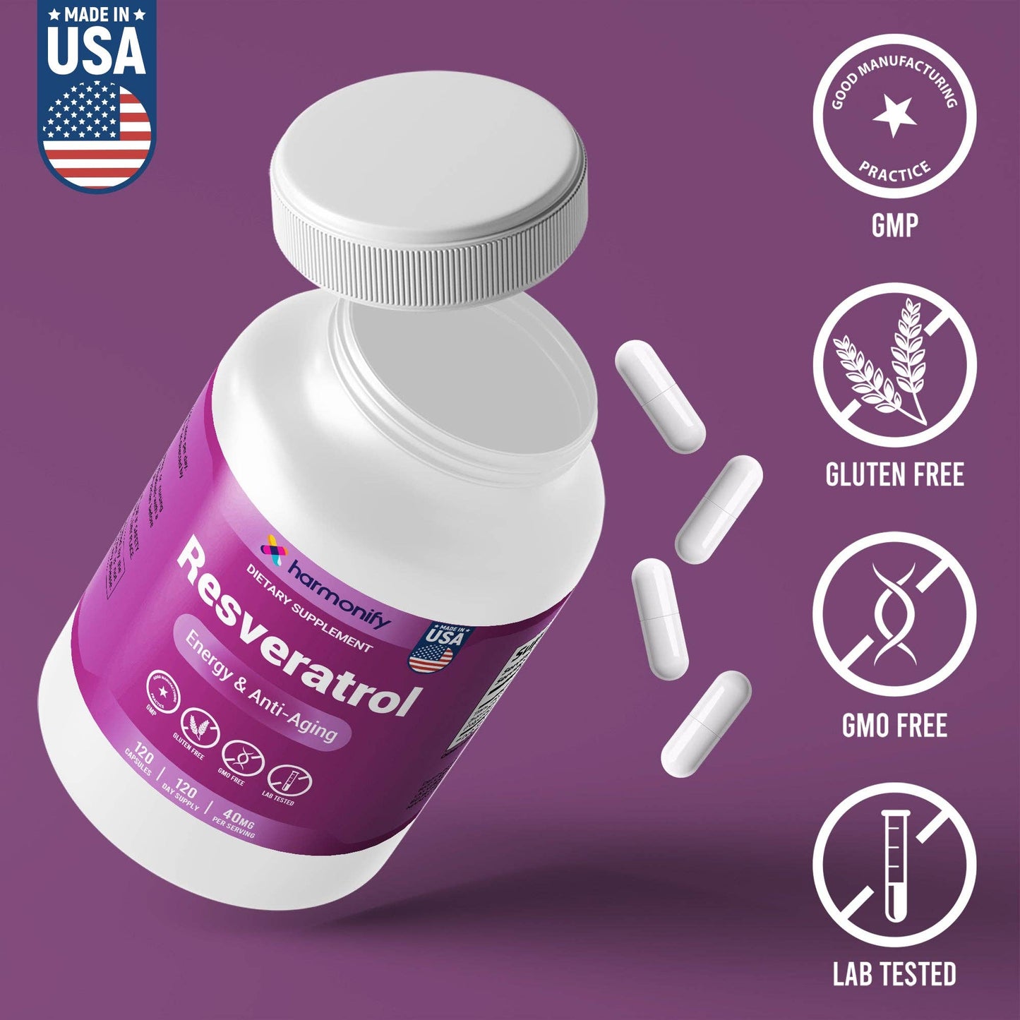 HARMONIFY - Resveratrol Supplement - Pure Trans-Resveratrol from Japanese Knotweed - Supports Energy & Anti-Aging - Potent Antioxidant - 120 Capsules for 120 Day Supply - Made in USA, Lab Tested