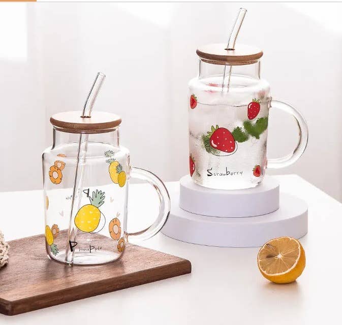 The Grateful Tea Co - Glass Mug w/ painted fruit (bamboo lid & straw) 16oz: Orange