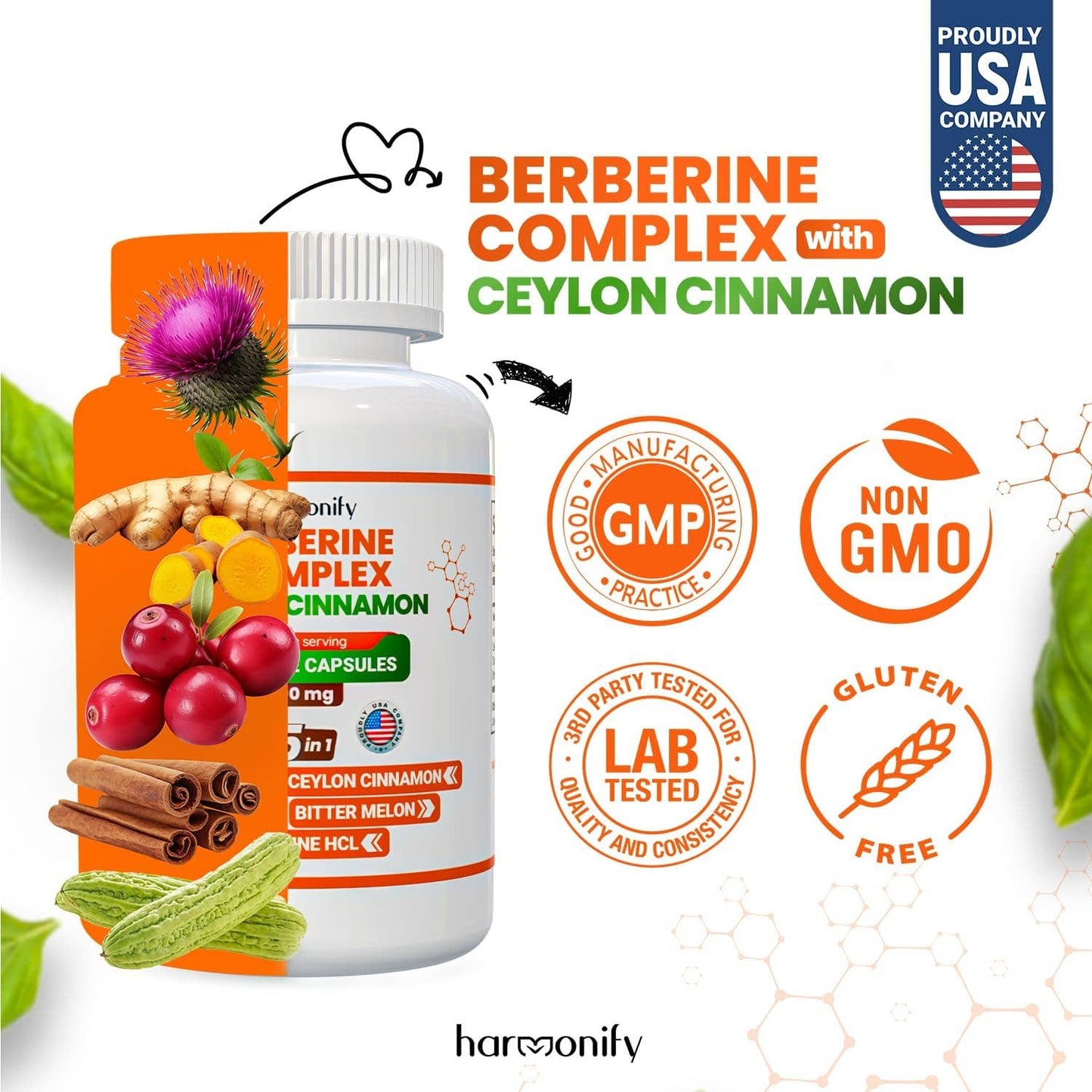HARMONIFY - HARMONIFY Berberine with Ceylon Cinnamon, Pure Turmeric, Milk Thistle Bitter Melon, 5 in 1 Formula, 120 Purified Veggie Capsule 1000 mg | Gluten Free, Non-GMO