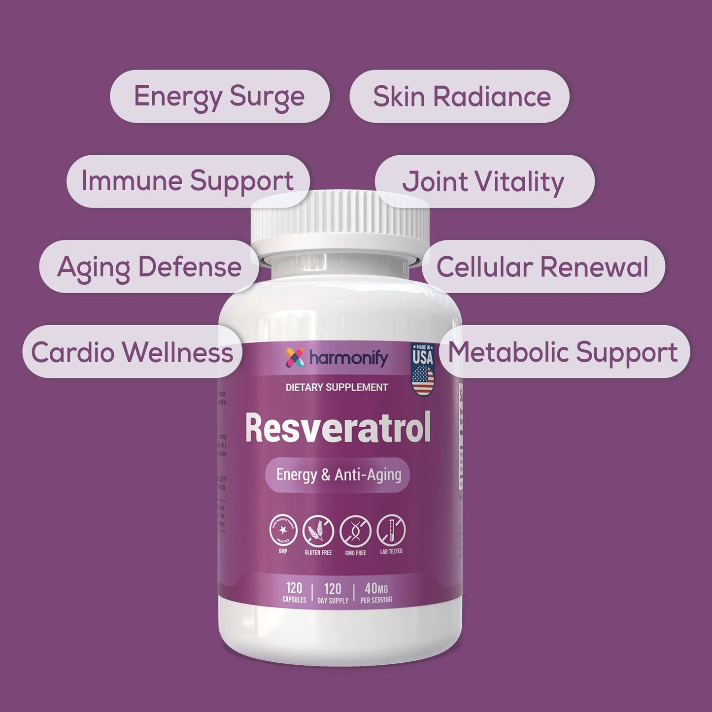 HARMONIFY - Resveratrol Supplement - Pure Trans-Resveratrol from Japanese Knotweed - Supports Energy & Anti-Aging - Potent Antioxidant - 120 Capsules for 120 Day Supply - Made in USA, Lab Tested