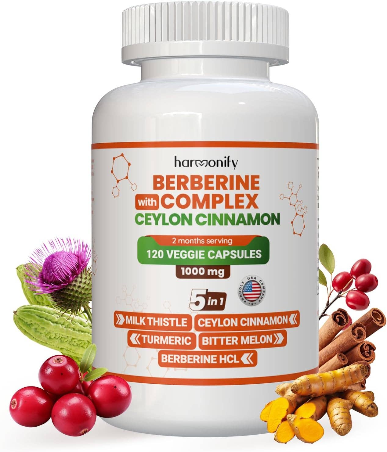 HARMONIFY - HARMONIFY Berberine with Ceylon Cinnamon, Pure Turmeric, Milk Thistle Bitter Melon, 5 in 1 Formula, 120 Purified Veggie Capsule 1000 mg | Gluten Free, Non-GMO