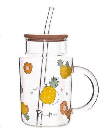 The Grateful Tea Co - Glass Mug w/ painted fruit (bamboo lid & straw) 16oz: Pineapple
