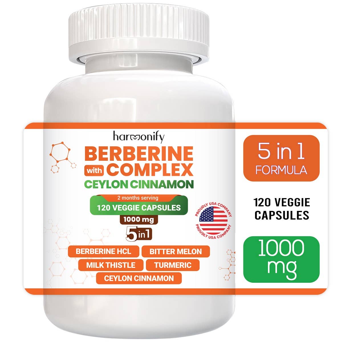 HARMONIFY - HARMONIFY Berberine with Ceylon Cinnamon, Pure Turmeric, Milk Thistle Bitter Melon, 5 in 1 Formula, 120 Purified Veggie Capsule 1000 mg | Gluten Free, Non-GMO