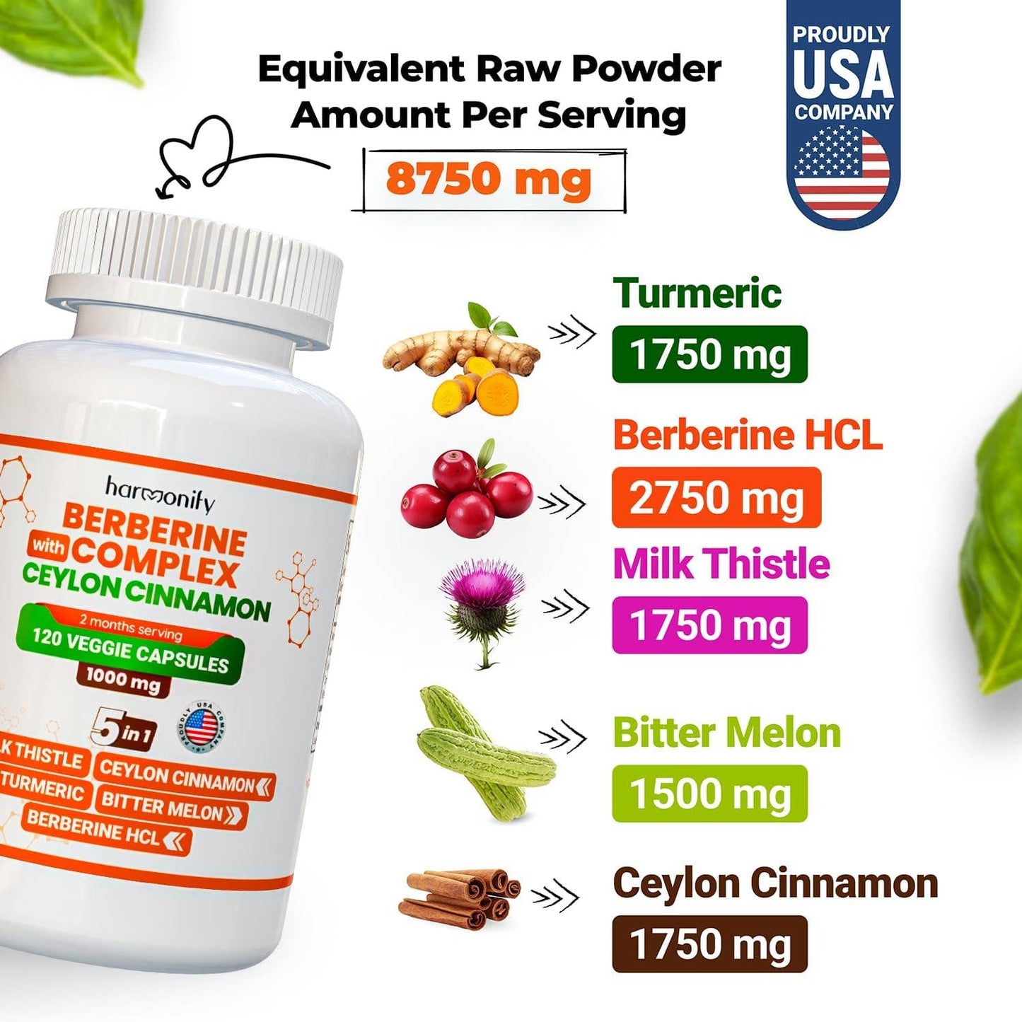 HARMONIFY - HARMONIFY Berberine with Ceylon Cinnamon, Pure Turmeric, Milk Thistle Bitter Melon, 5 in 1 Formula, 120 Purified Veggie Capsule 1000 mg | Gluten Free, Non-GMO